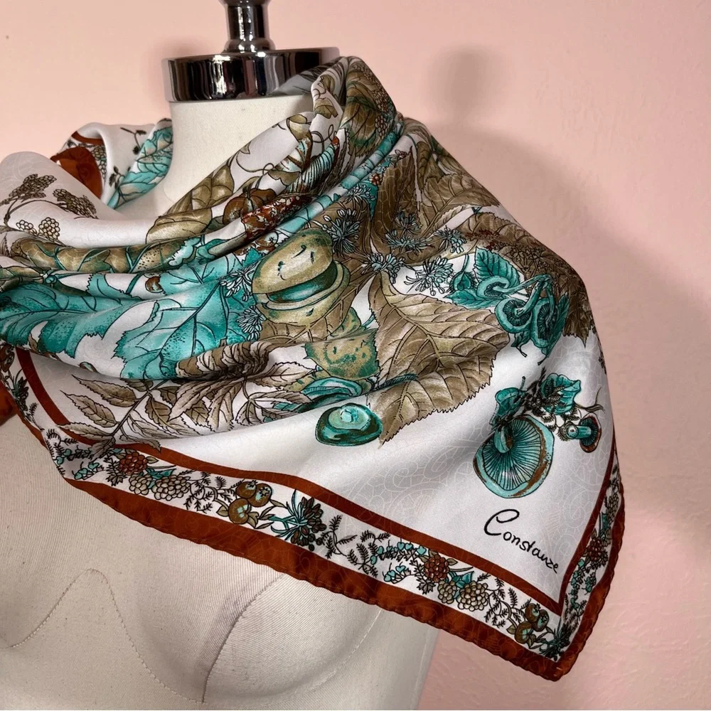 Vintage MCM Constanze  Fairycore Floral Mushroom Rust Aqua Jacquard silk Scarf